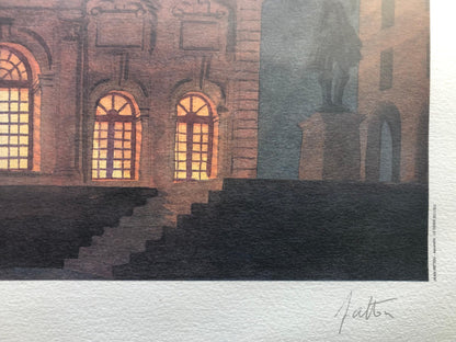 French Framed Lithograph Landscape Seascape Port of Marseille by Night Signed — detail 3