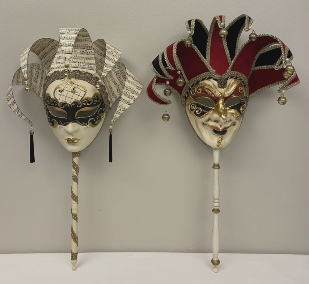 Pair of Handcrafted Venetian Jester Masks with Opera Sticks, Commedia dell’Arte Style