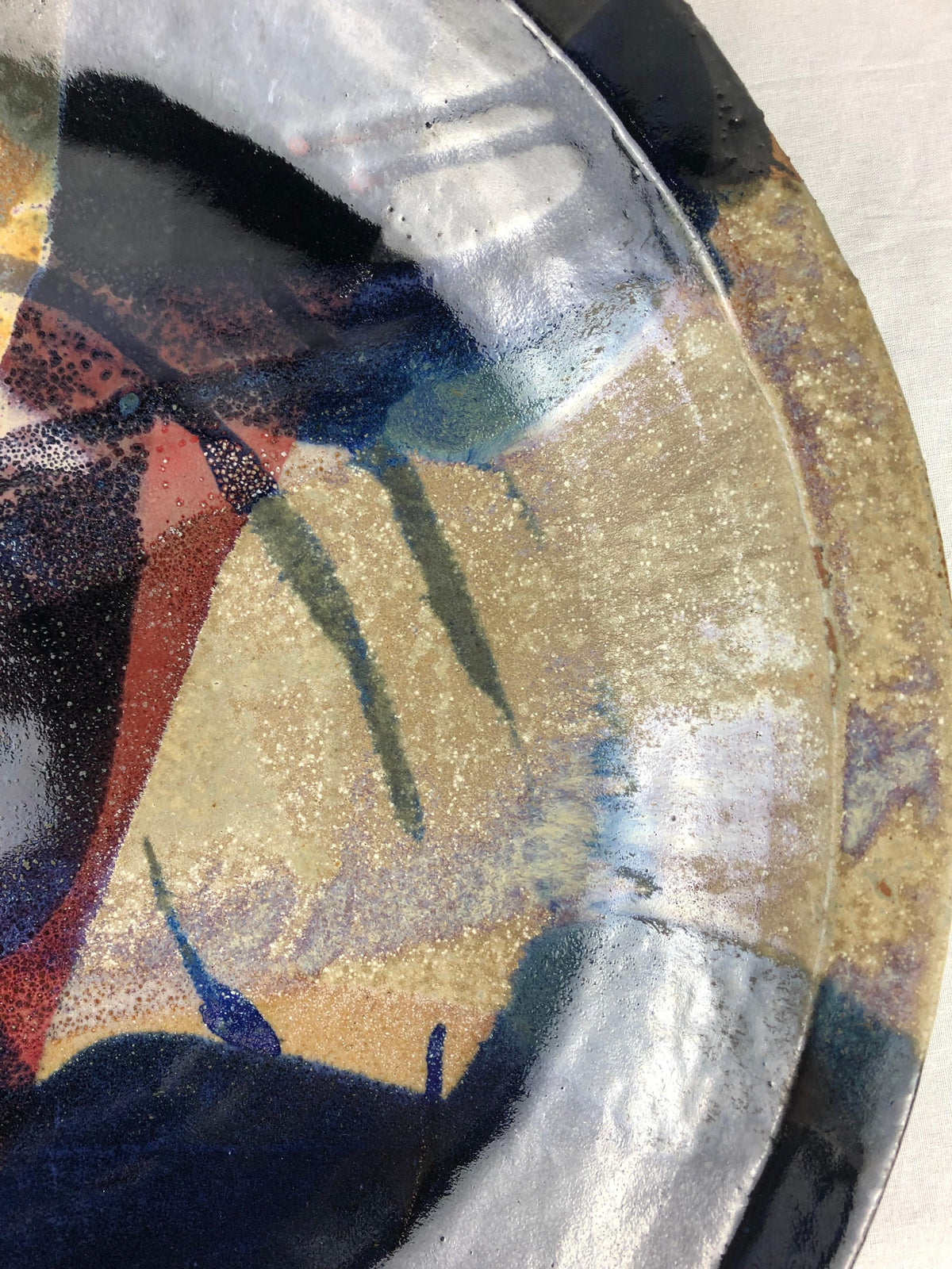 Large Green Blue Red Japanese Style Raku Fired or Ceramic Decorative Bowl — detail 7