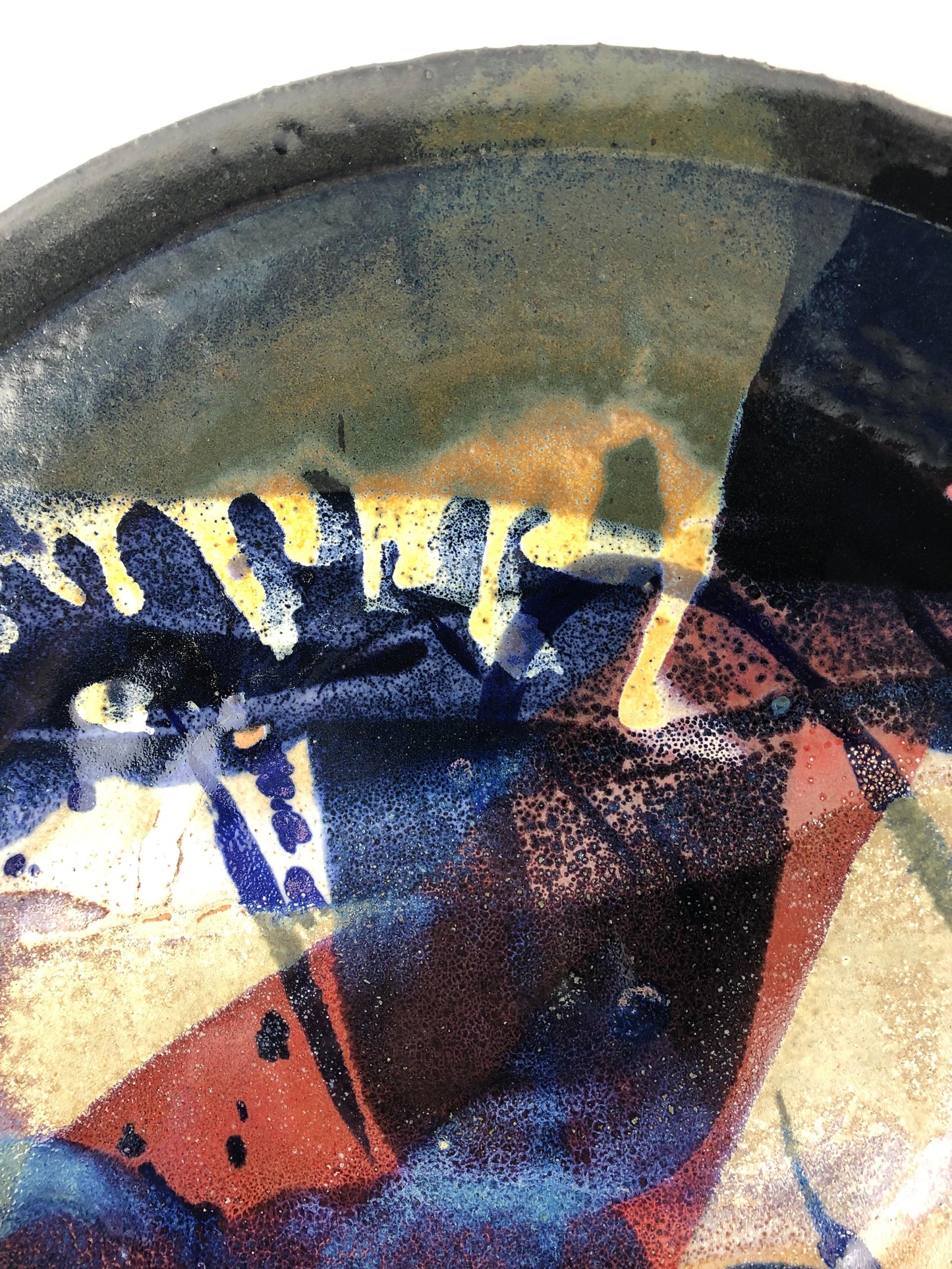 Large Green Blue Red Japanese Style Raku Fired or Ceramic Decorative Bowl — detail 3
