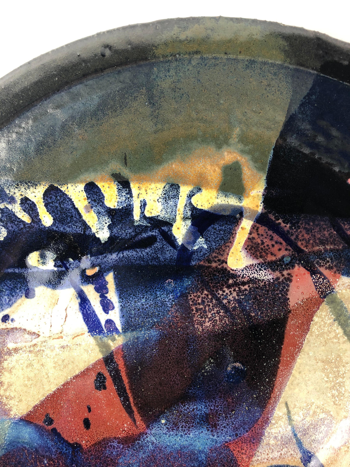 Large Green Blue Red Japanese Style Raku Fired or Ceramic Decorative Bowl — detail 3