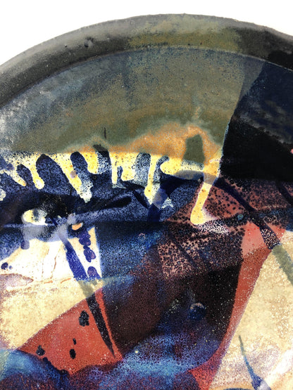 Large Green Blue Red Japanese Style Raku Fired or Ceramic Decorative Bowl — detail 3