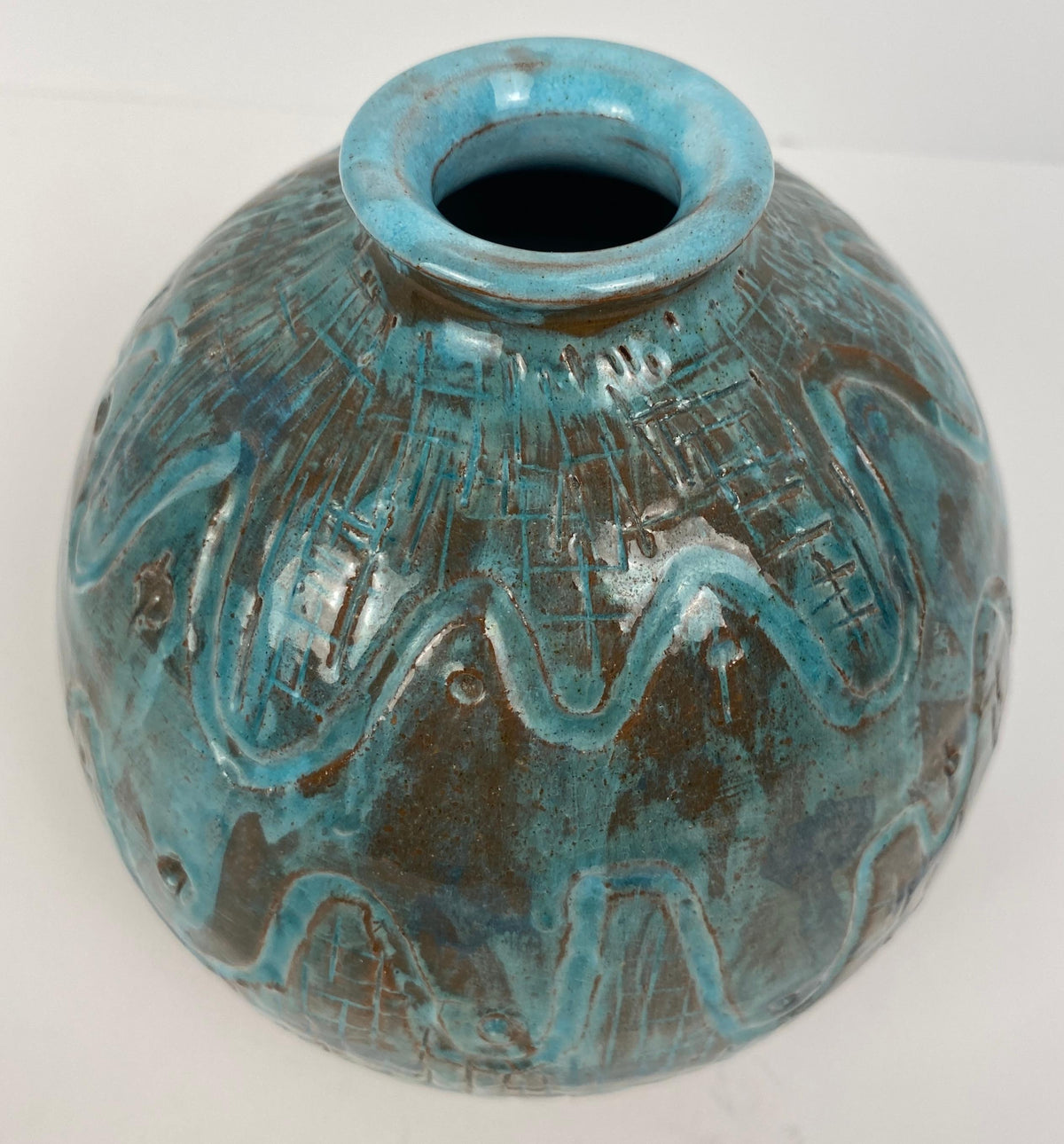 Round Mid-Century Ceramic Vase, Studio Pottery Vase Signed — detail 3