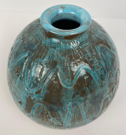 Round Mid-Century Ceramic Vase, Studio Pottery Vase Signed — detail 3