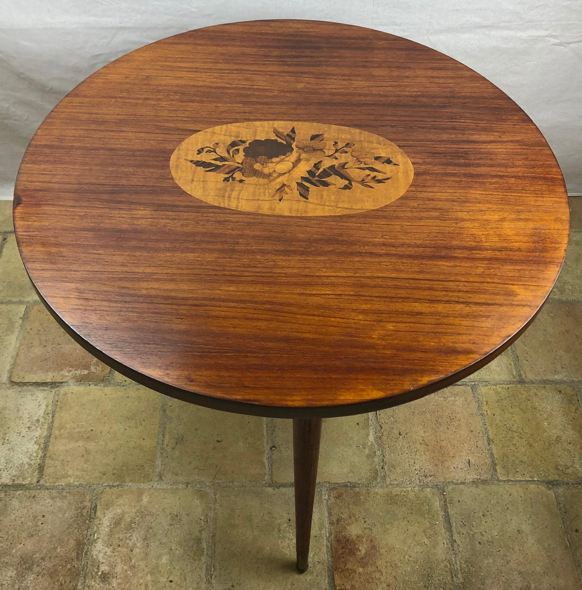 French Art Deco Style Round Wooden Cocktail or Side Table with Marquetry Center — detail 3