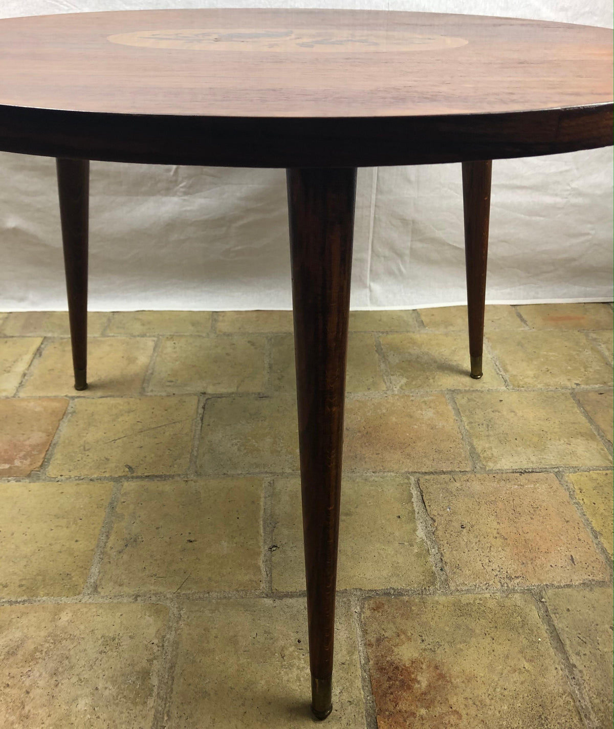 French Art Deco Style Round Wooden Cocktail or Side Table with Marquetry Center — detail 6