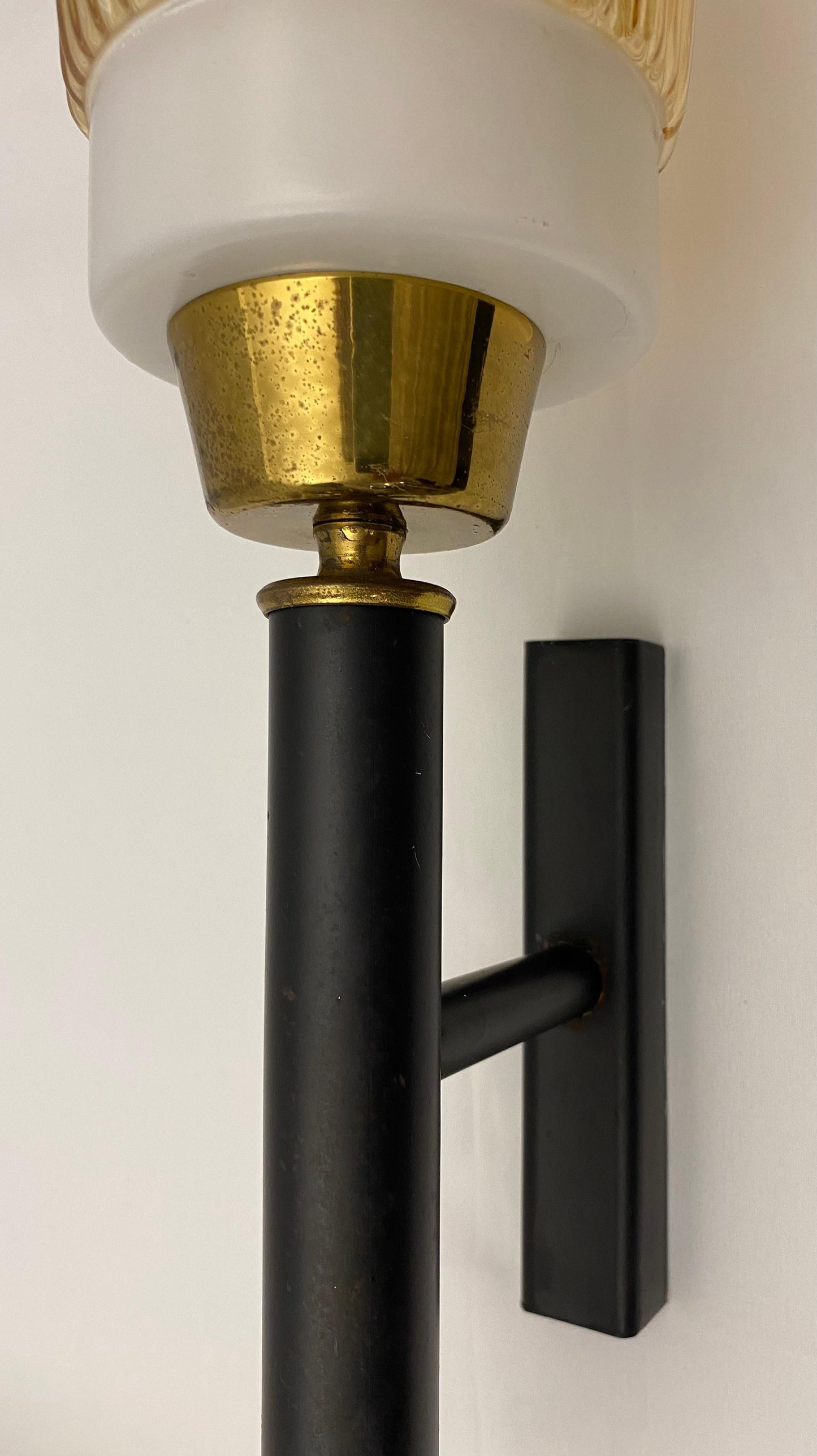 Set of 3 Midcentury Glass and Brass Sconces, Attributed to Maison Arlus/Lunel — detail 6