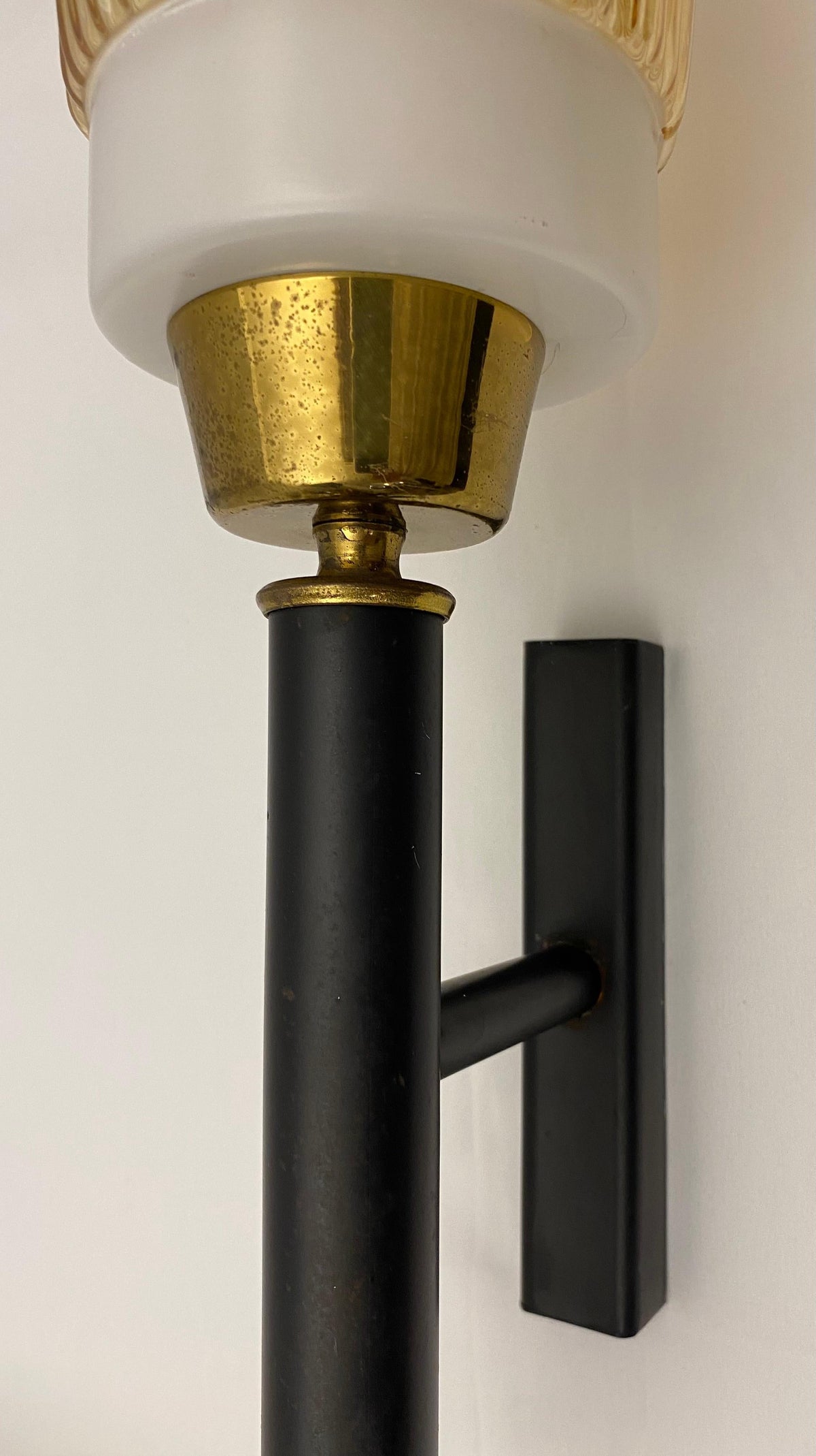 Set of 3 Midcentury Glass and Brass Sconces, Attributed to Maison Arlus/Lunel — detail 6