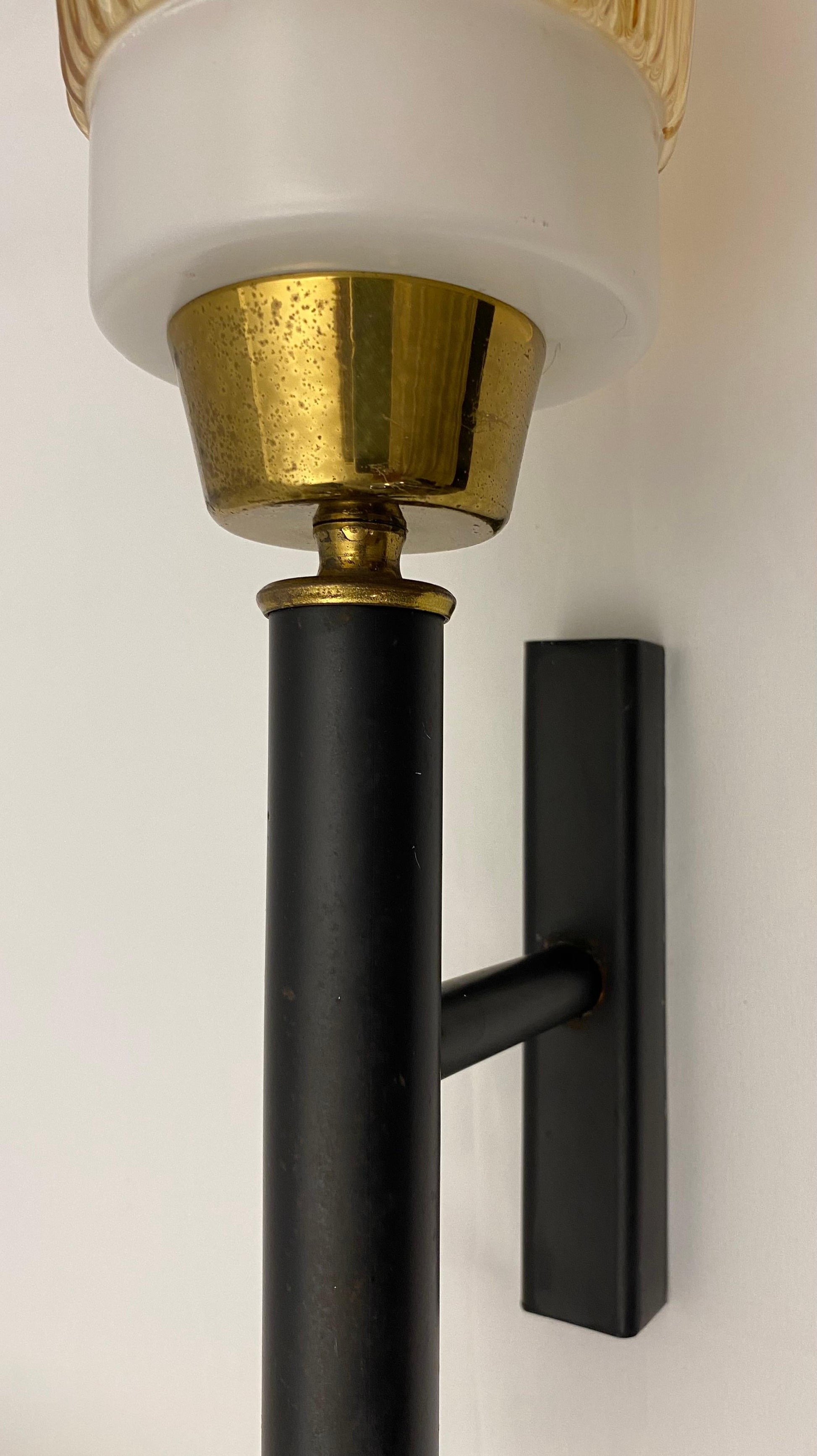 Set of 3 Midcentury Glass and Brass Sconces, Attributed to Maison Arlus/Lunel — detail 6