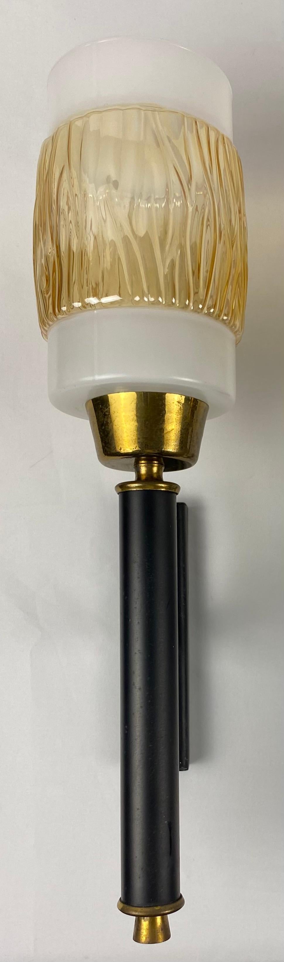Set of 3 Midcentury Glass and Brass Sconces, Attributed to Maison Arlus/Lunel — detail 8