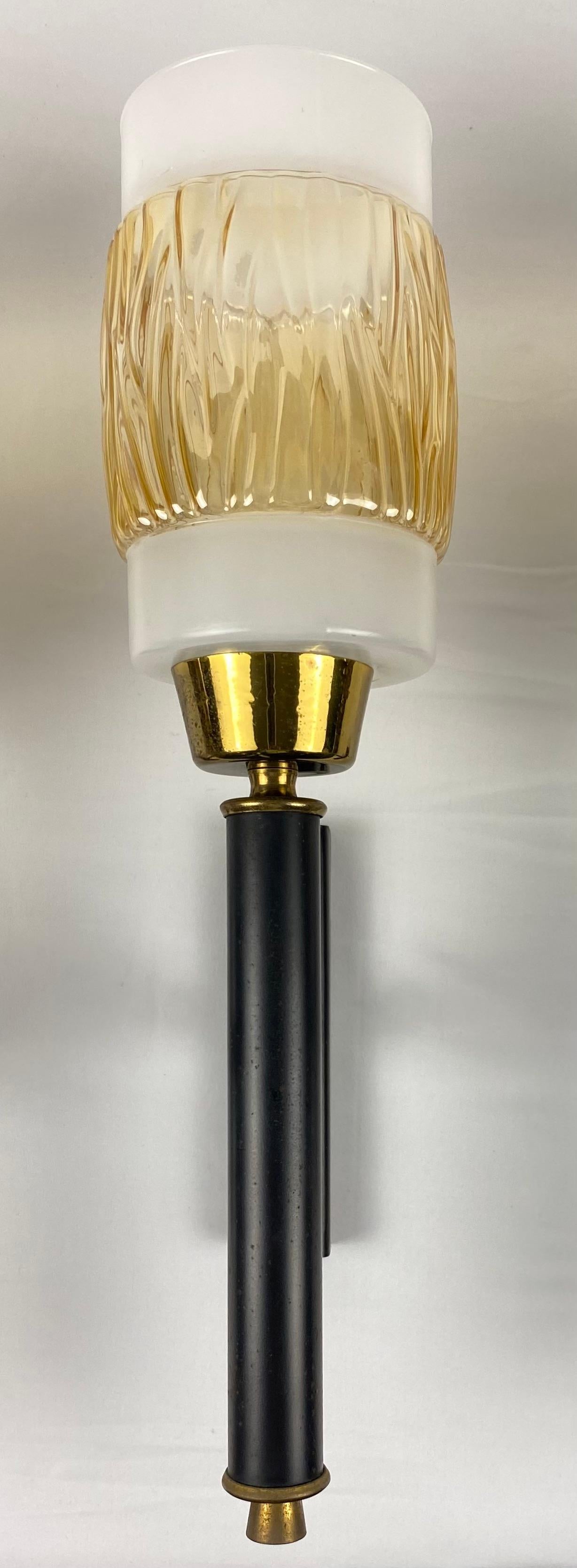 Set of 3 Midcentury Glass and Brass Sconces, Attributed to Maison Arlus/Lunel — detail 9