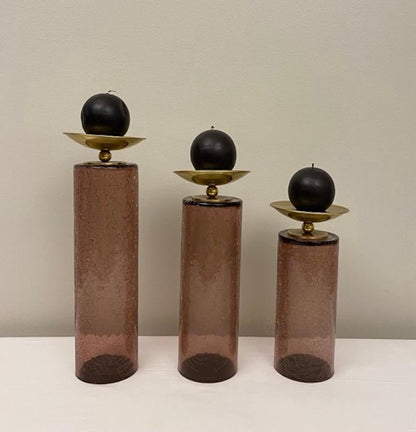 Set of 3 Glass and Brass American Modernist Candleholders, Purple Gold — detail 6