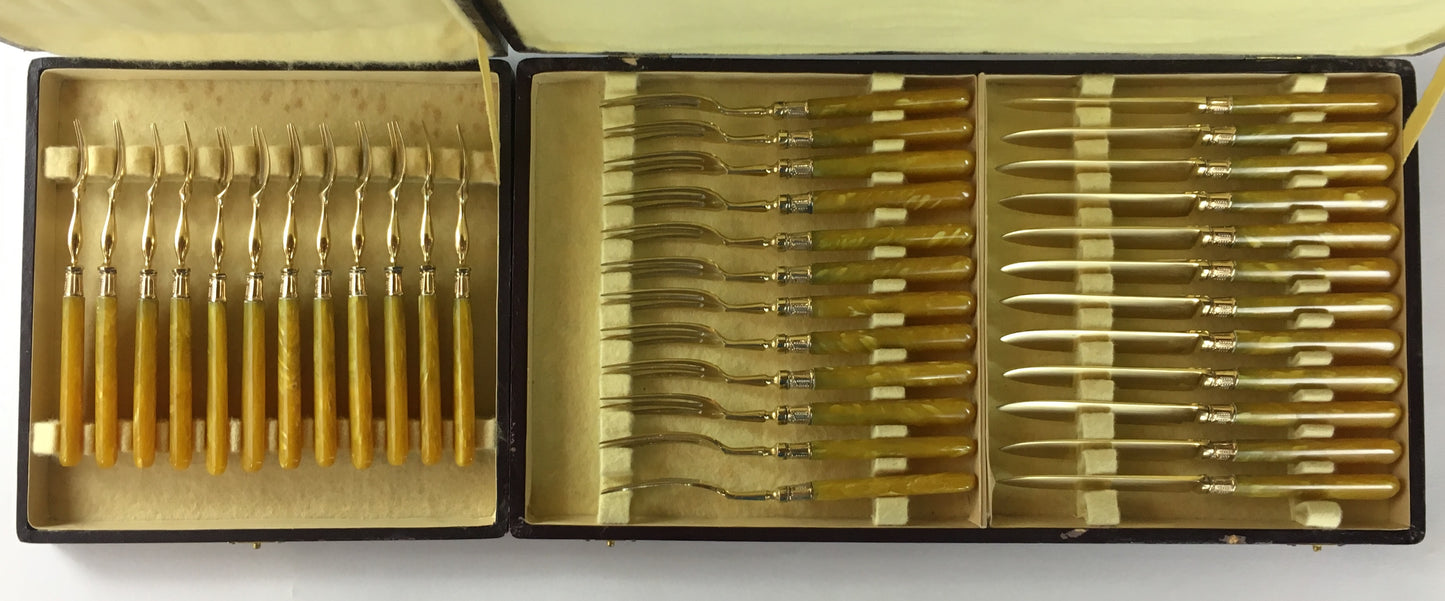 Set of 36 French Gold-Plated Flatware with Mother-of-Pearl Handles, Original Box