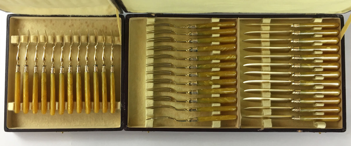 Set of 36 French Gold-Plated Flatware with Mother-of-Pearl Handles, Original Box