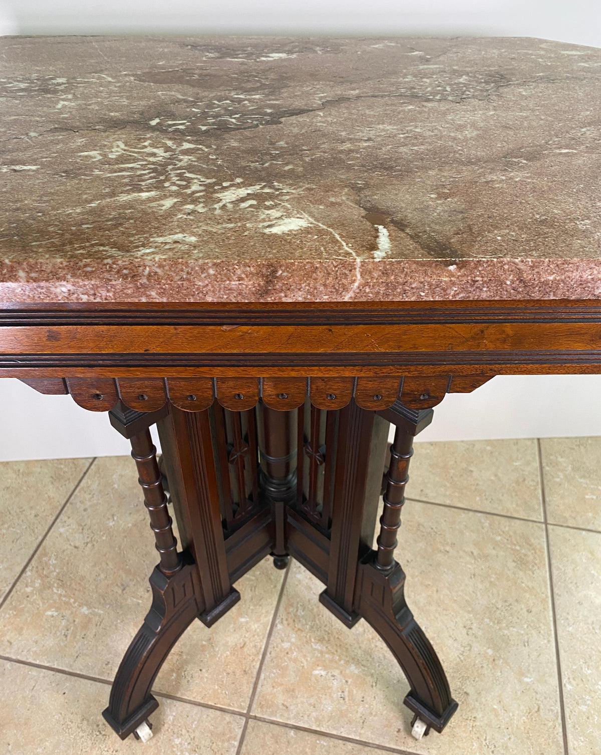 Antique Victorian Marble Top Walnut Center Table with Ebonized Base, circa 1870 — detail 4