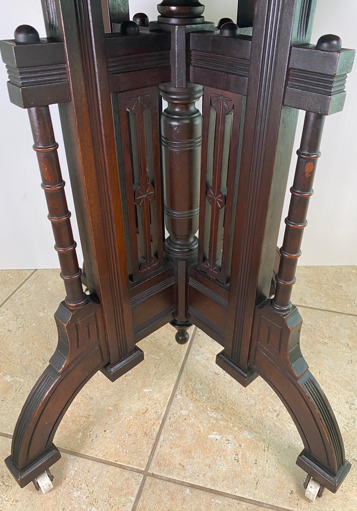 Antique Victorian Marble Top Walnut Center Table with Ebonized Base, circa 1870 — detail 3