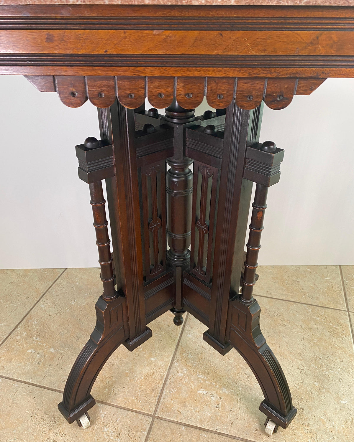 Antique Victorian Marble Top Walnut Center Table with Ebonized Base, circa 1870 — detail 2