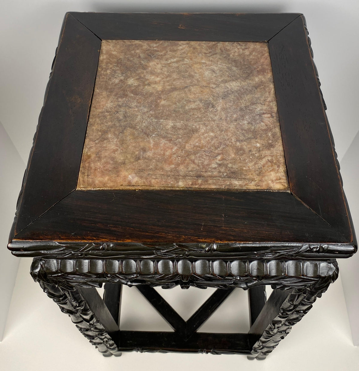19th Century Hand Carved Chinese Side Table with Marble Top — detail 3