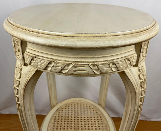 French Louis XVI Style Side Table with Caned Bottom Shelf — detail 2