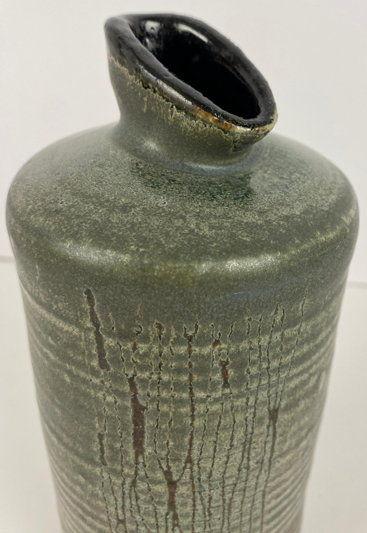 French Mid-20th Century Ceramic Vase, Olive Green Colored Ceramic Vase — detail 3