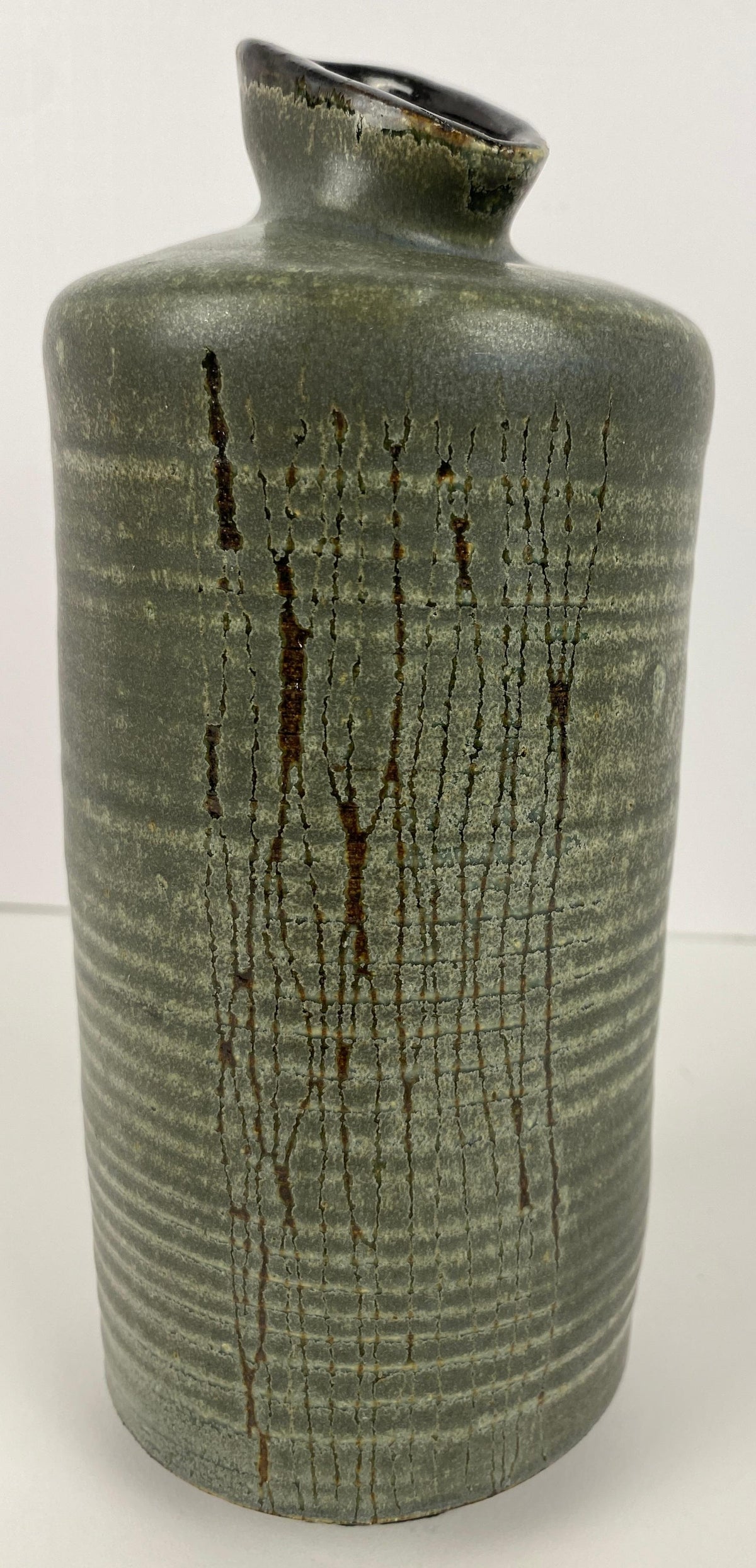 French Mid-20th Century Ceramic Vase, Olive Green Colored Ceramic Vase — detail 4