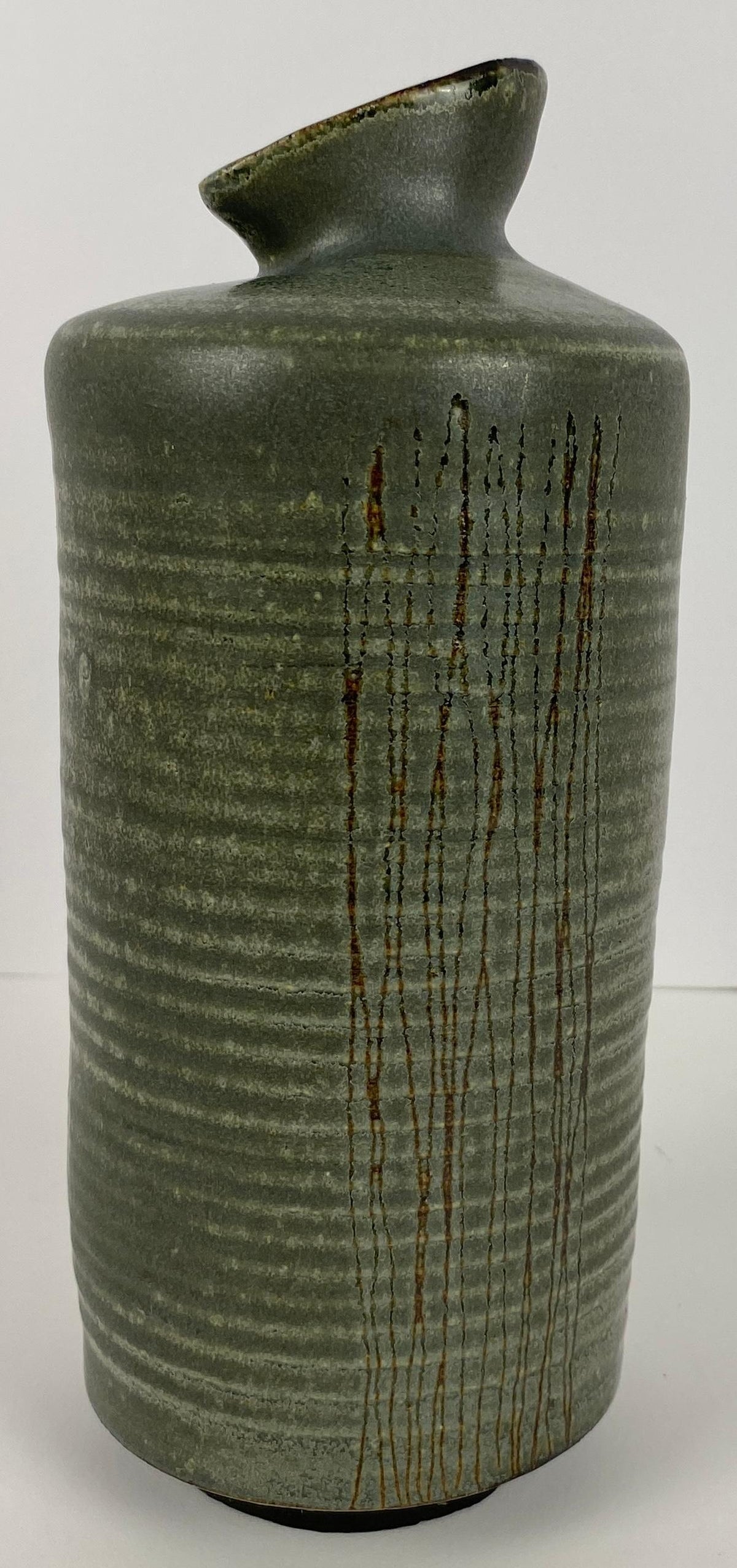 French Mid-20th Century Ceramic Vase, Olive Green Colored Ceramic Vase — detail 6