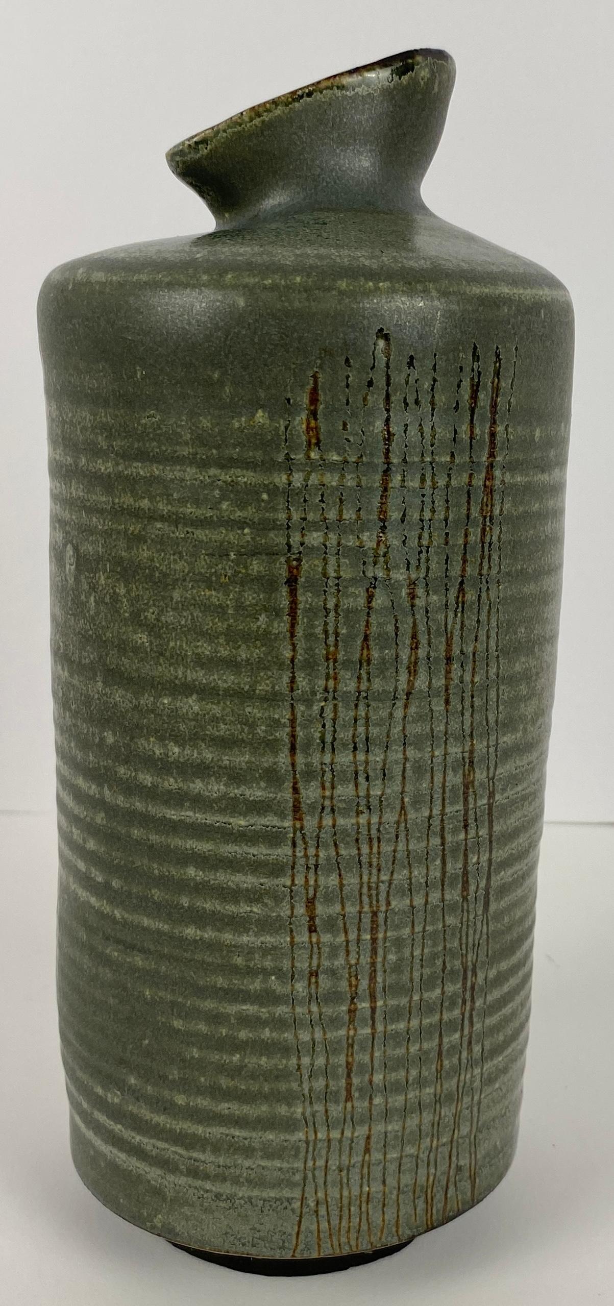 French Mid-20th Century Ceramic Vase, Olive Green Colored Ceramic Vase — detail 6