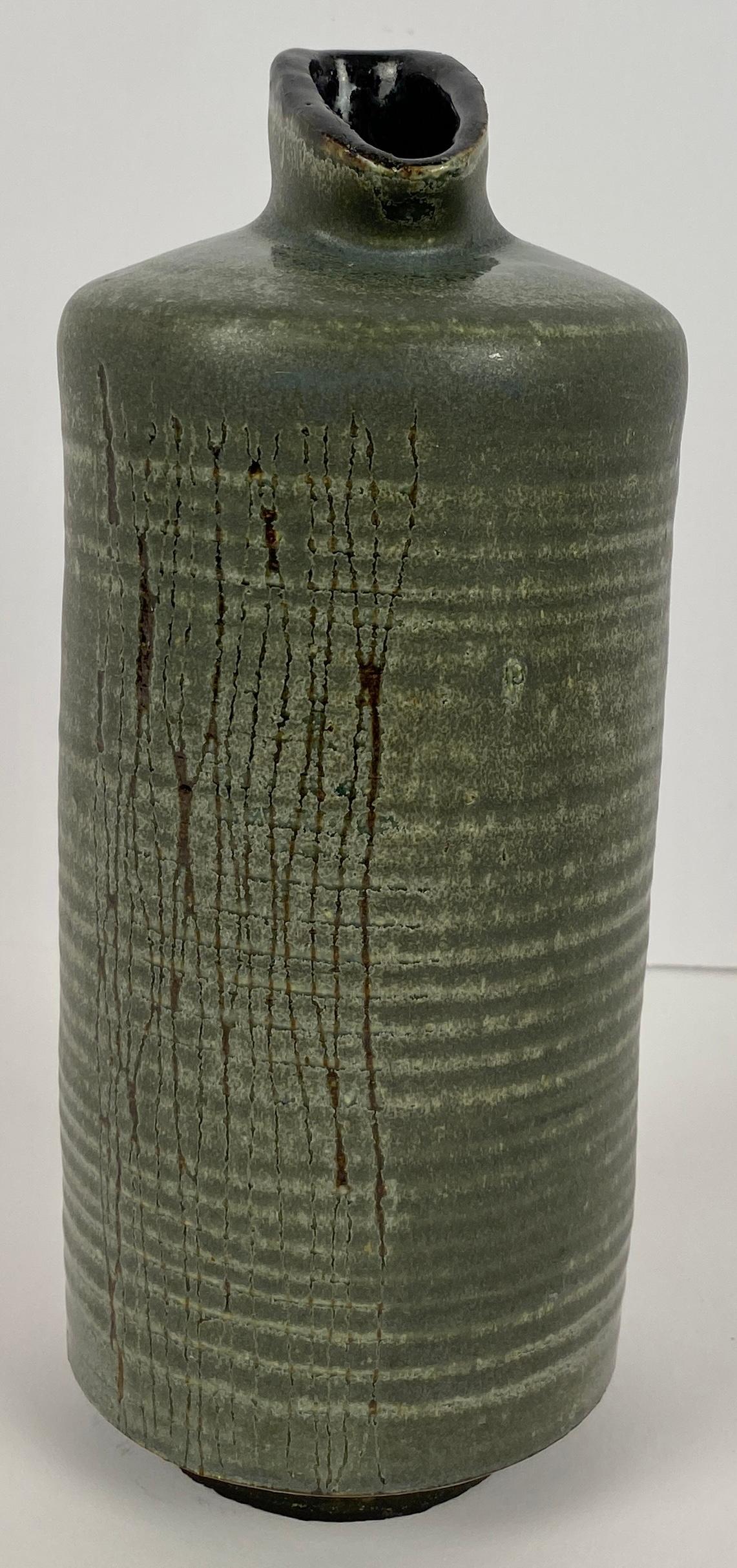 French Mid-20th Century Ceramic Vase, Olive Green Colored Ceramic Vase — detail 7