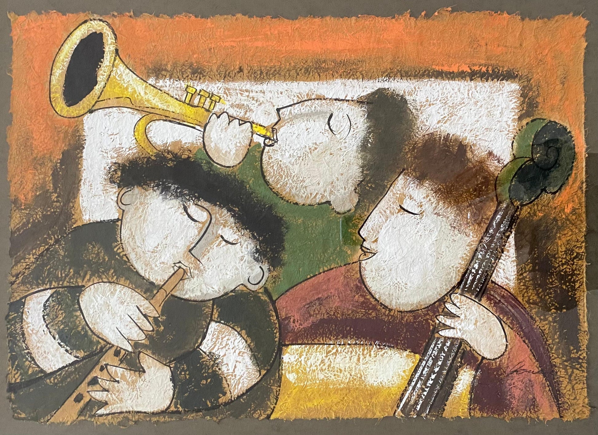 Large Oil Painting by Joyce Roybal, Three Young Musicians — detail 4