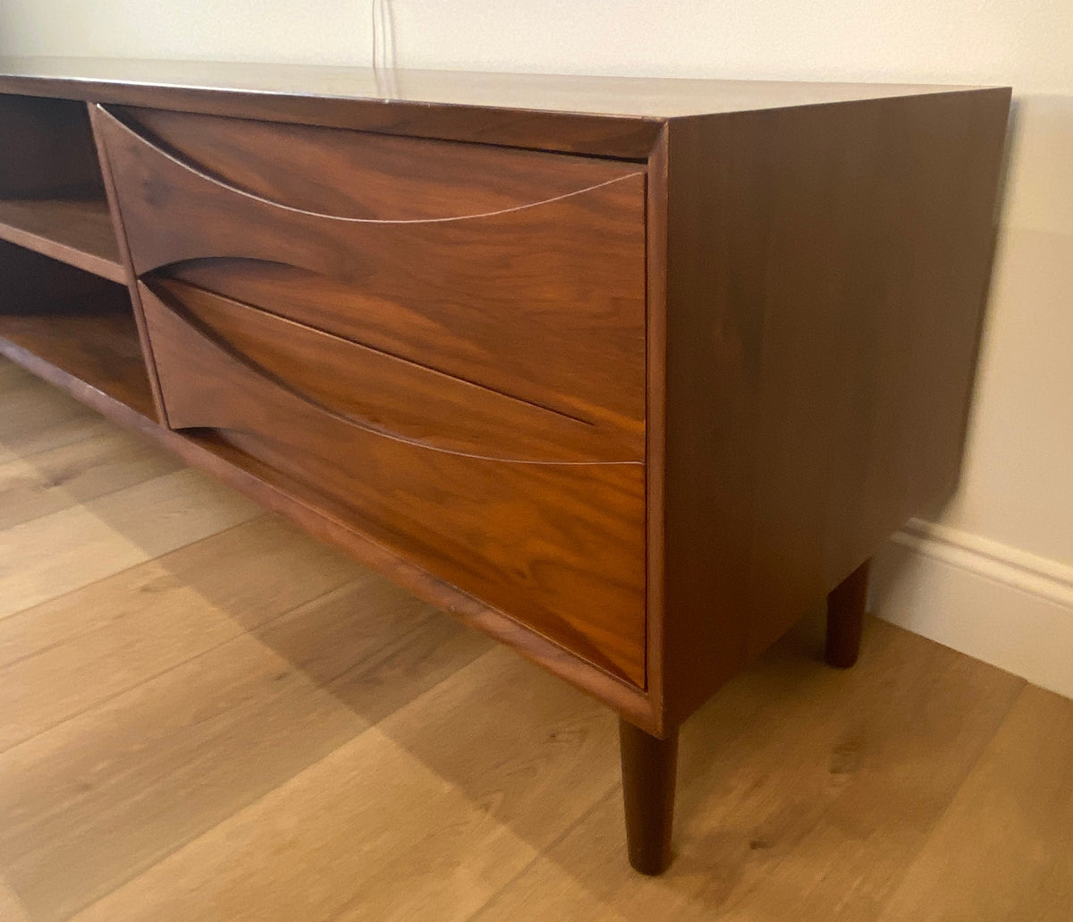 Mid-Century Solid Walnut Credenza – Sculpted Fronts, 78.75" Long w/4 Drawers — detail 5