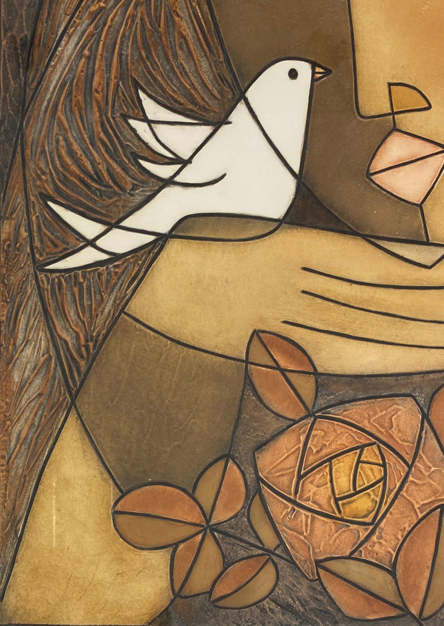 Framed Original Print Woman holding a Dove, Pencil Signed by the Artist Houng — detail 4