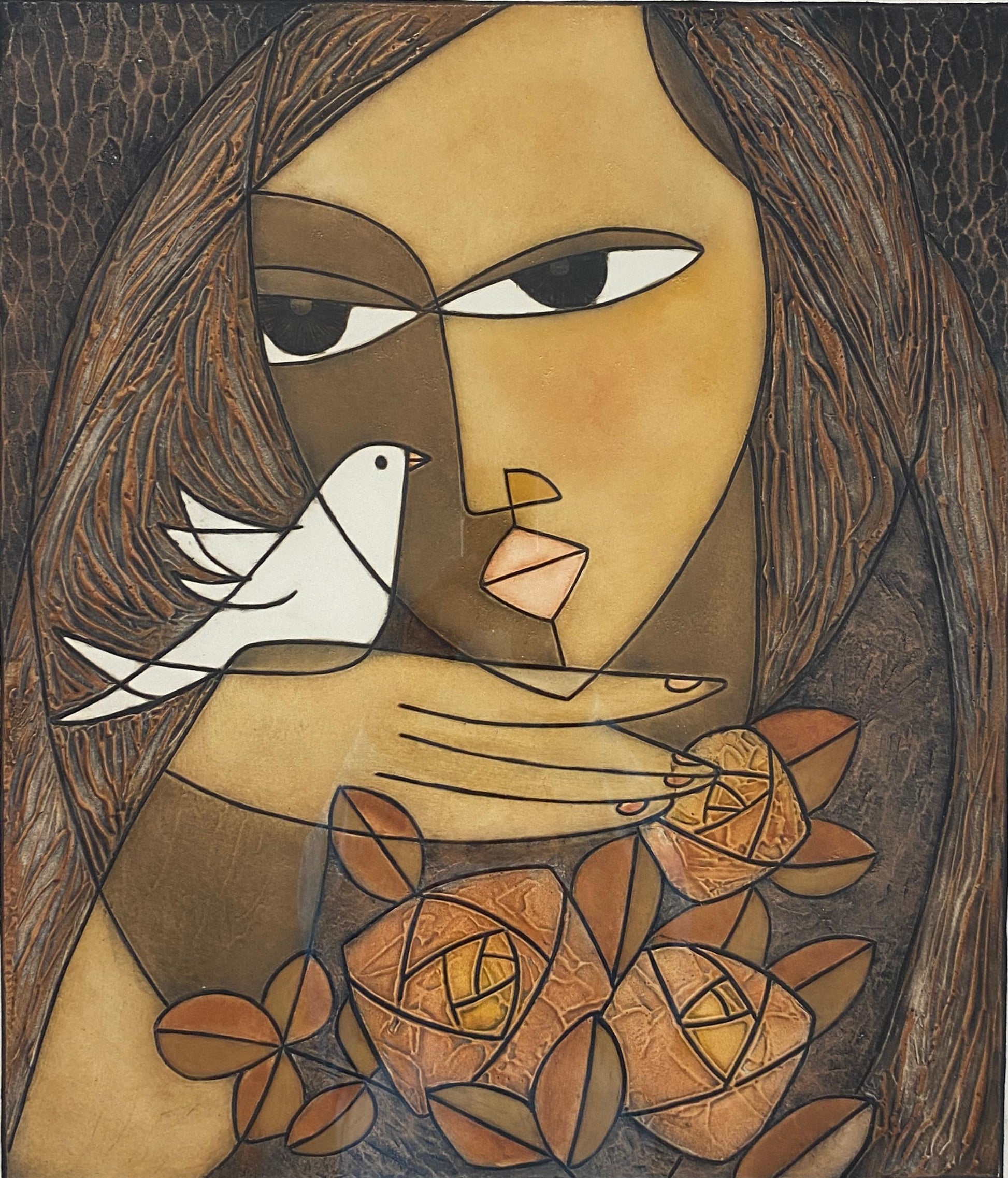Framed Original Print Woman holding a Dove, Pencil Signed by the Artist Houng — detail 5