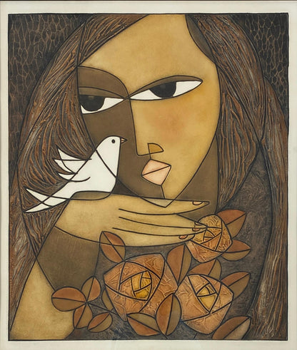 Framed Original Print Woman holding a Dove, Pencil Signed by the Artist Houng — detail 6