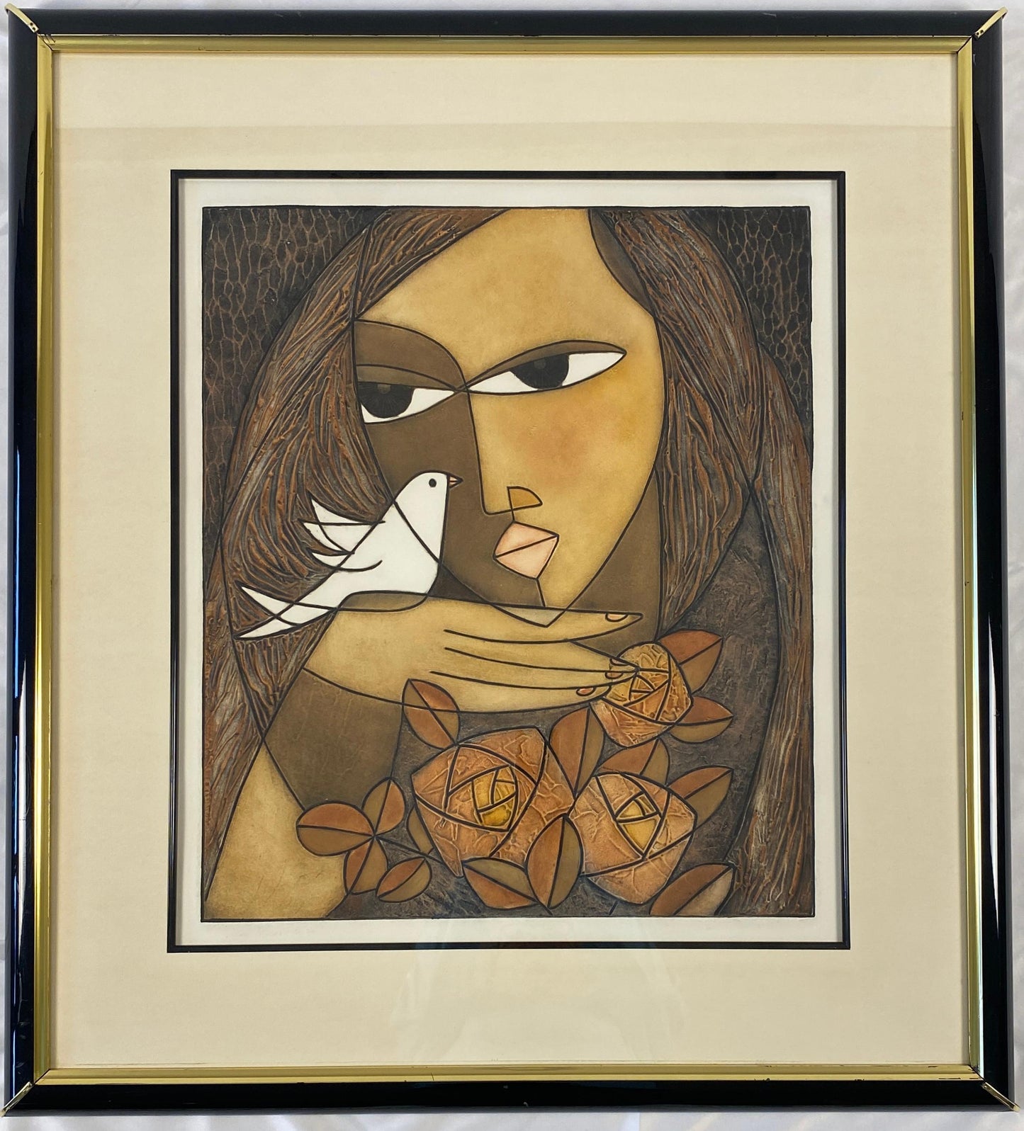 Framed Original Print Woman holding a Dove, Pencil Signed by the Artist Houng — detail 7