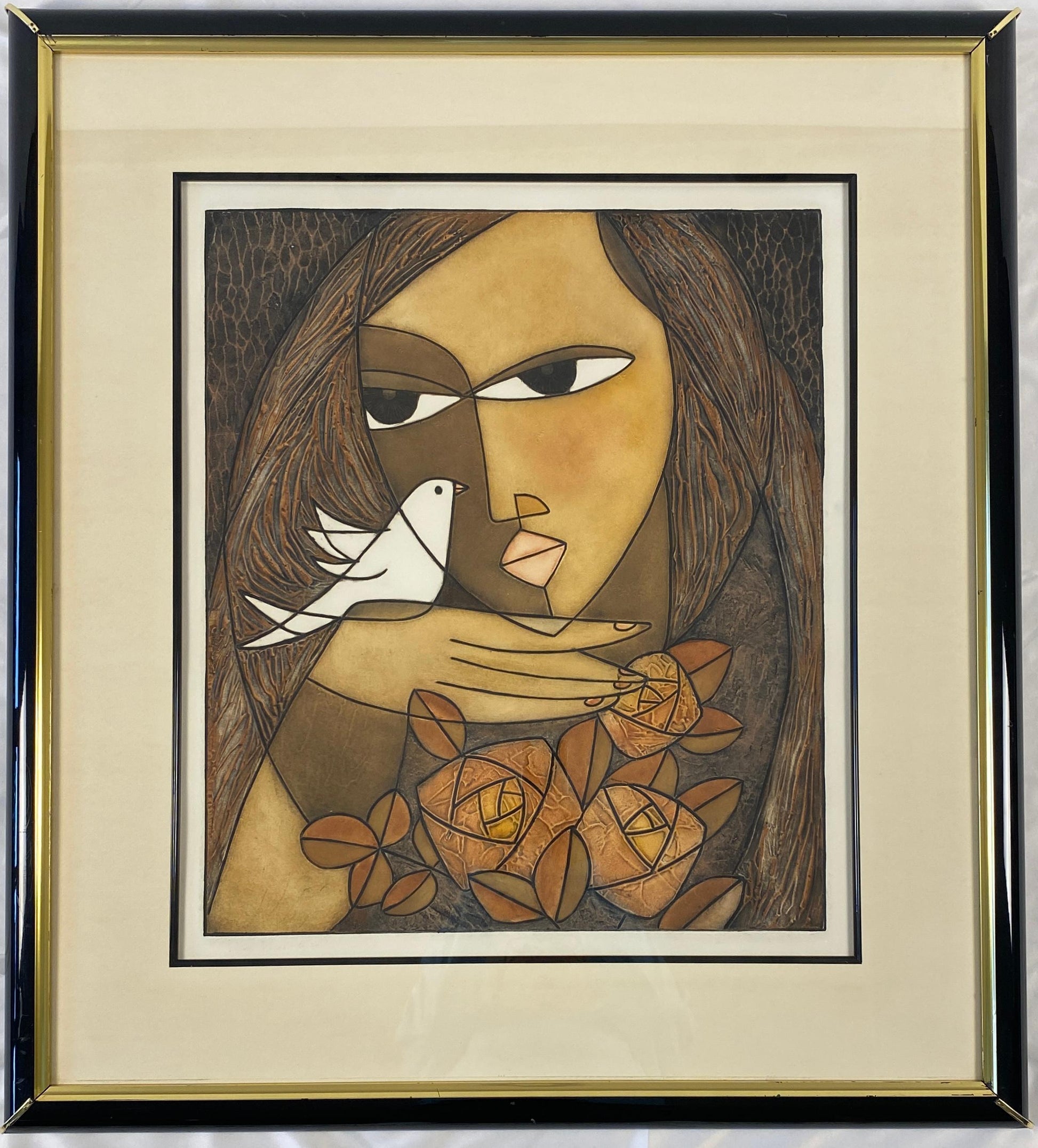 Framed Original Print Woman holding a Dove, Pencil Signed by the Artist Houng — detail 7