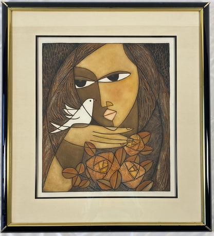 Framed Original Print Woman holding a Dove, Pencil Signed by the Artist Houng — detail 7