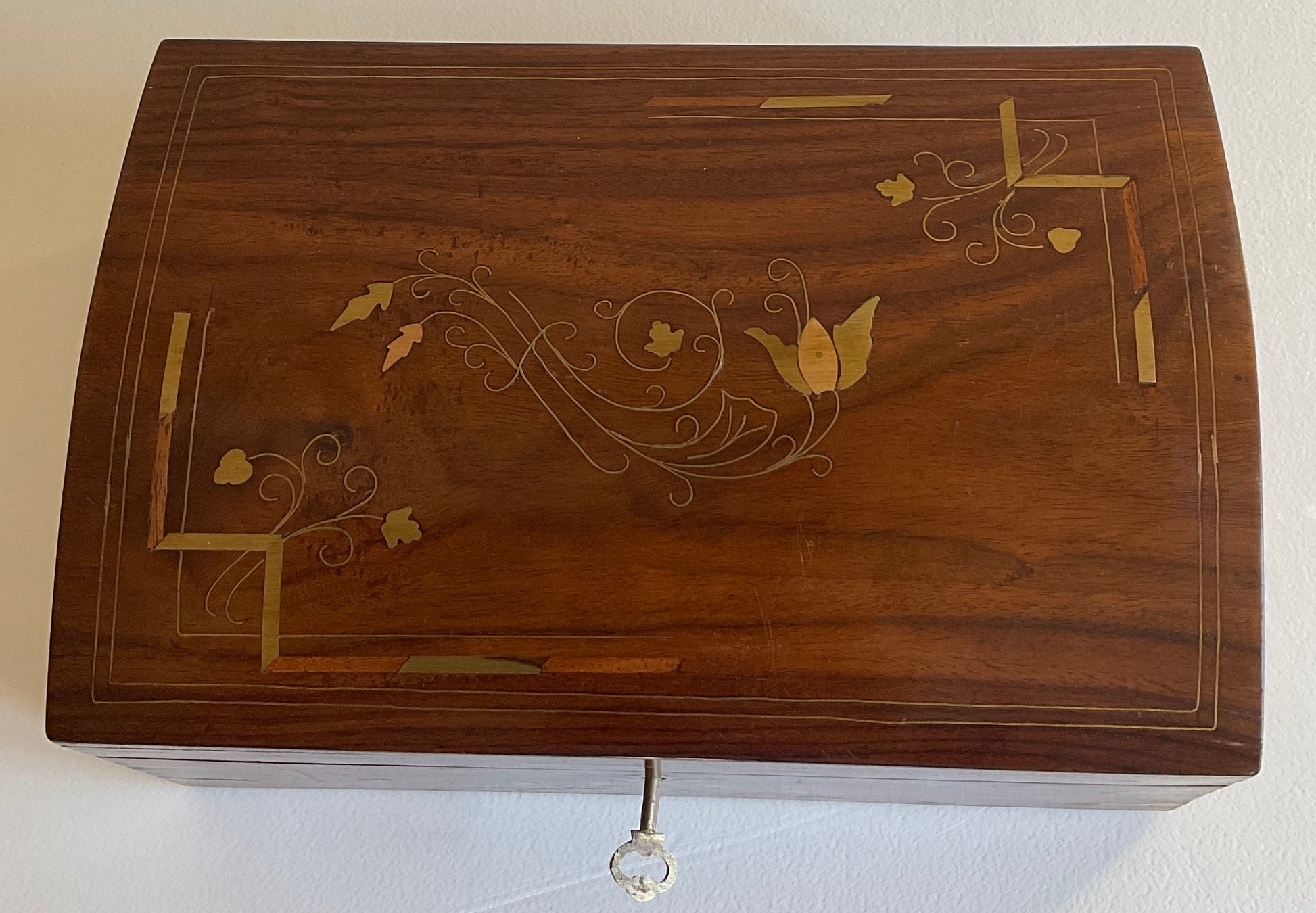 Large French Art Deco Wooden Jewelry Box with Marquetry Inlay — detail 7
