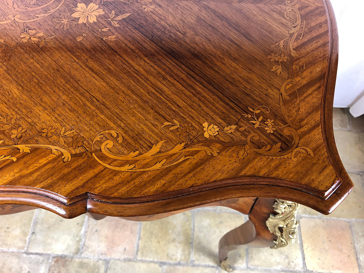 19th Century French Louis XV Style Floral Marquetry and Gilt Bronze Writing Desk — detail 4