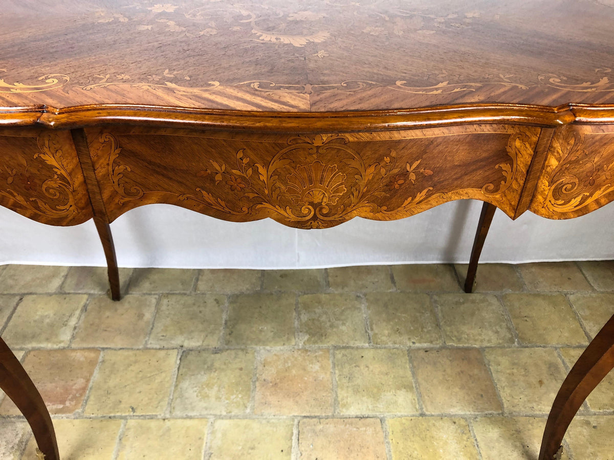 19th Century French Louis XV Style Floral Marquetry and Gilt Bronze Writing Desk — detail 8