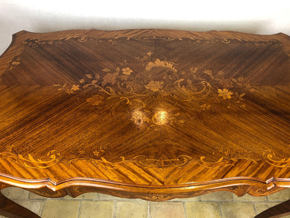19th Century French Louis XV Style Floral Marquetry and Gilt Bronze Writing Desk — detail 2