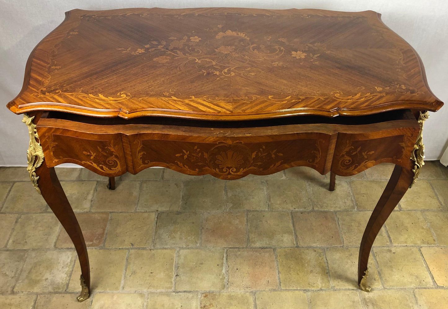 19th Century French Louis XV Style Floral Marquetry and Gilt Bronze Writing Desk — detail 3