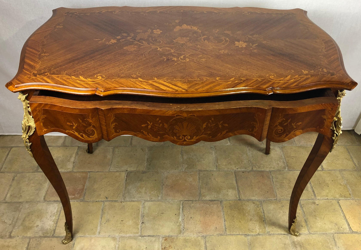 19th Century French Louis XV Style Floral Marquetry and Gilt Bronze Writing Desk — detail 3