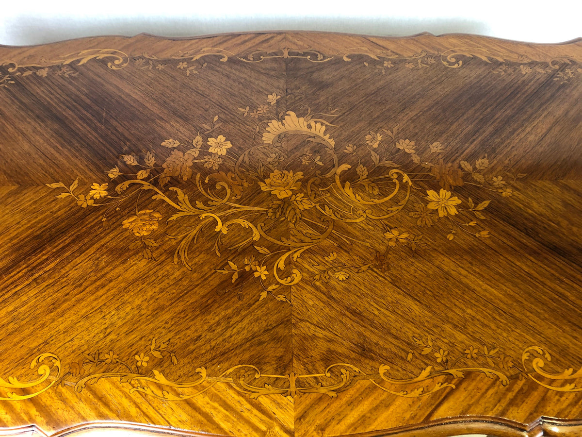 19th Century French Louis XV Style Floral Marquetry and Gilt Bronze Writing Desk — detail 9