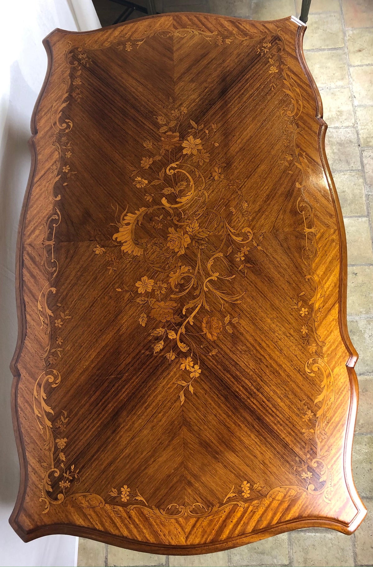 19th Century French Louis XV Style Floral Marquetry and Gilt Bronze Writing Desk — detail 7
