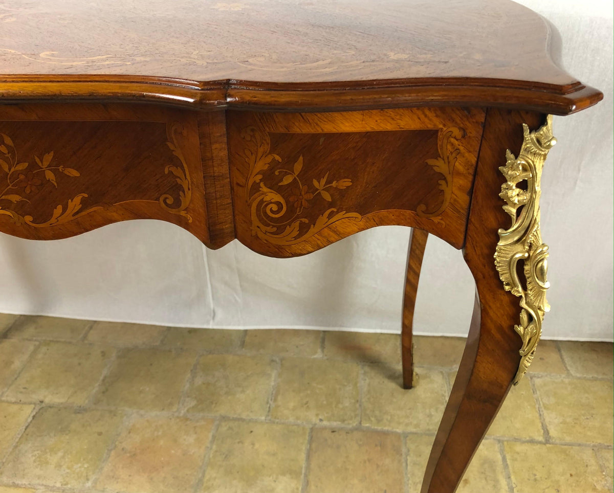 19th Century French Louis XV Style Floral Marquetry and Gilt Bronze Writing Desk — detail 12