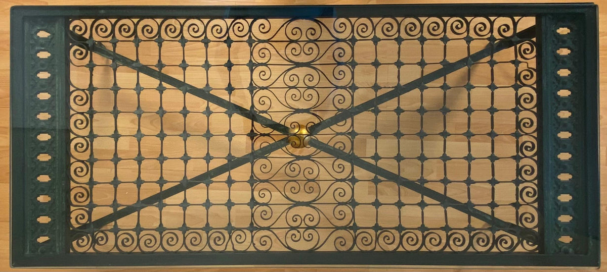 Decorative Wrought Iron Cocktail Coffee Table, Architectural Element Glass Top — detail 11