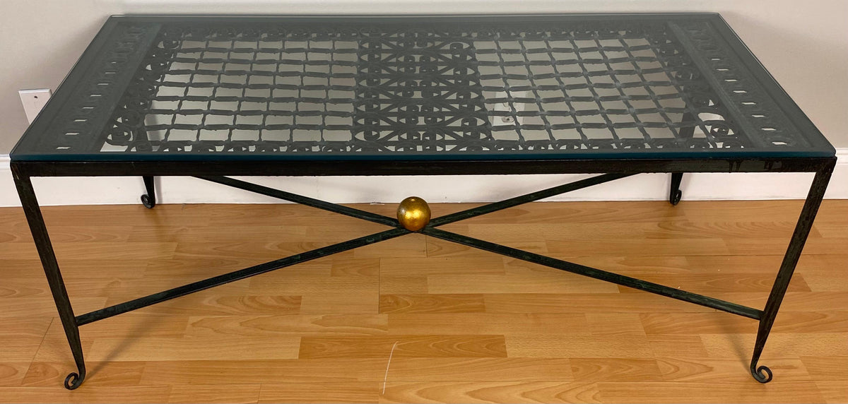 Decorative Wrought Iron Cocktail Coffee Table, Architectural Element Glass Top — detail 12