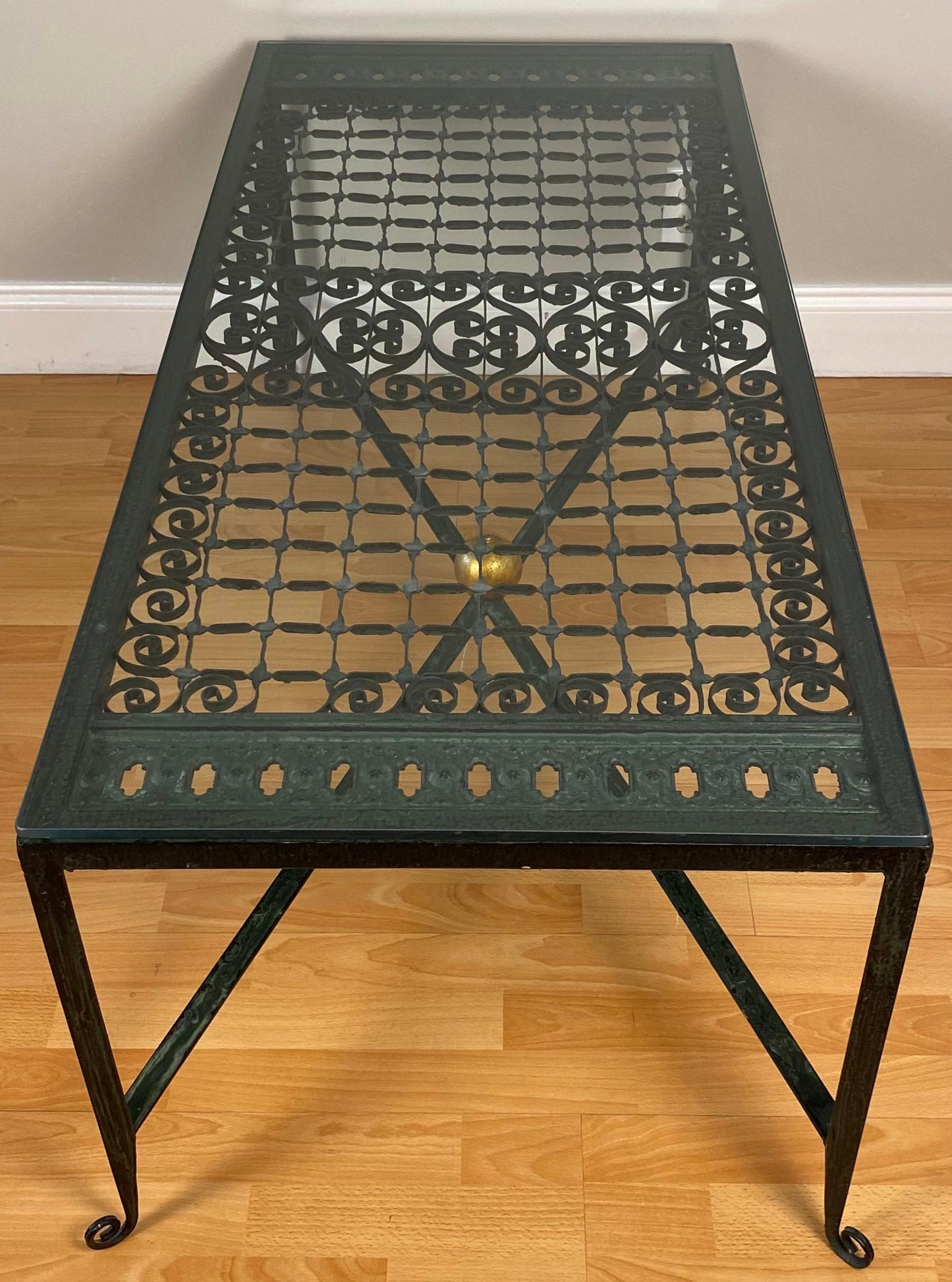 Decorative Wrought Iron Cocktail Coffee Table, Architectural Element Glass Top — detail 2
