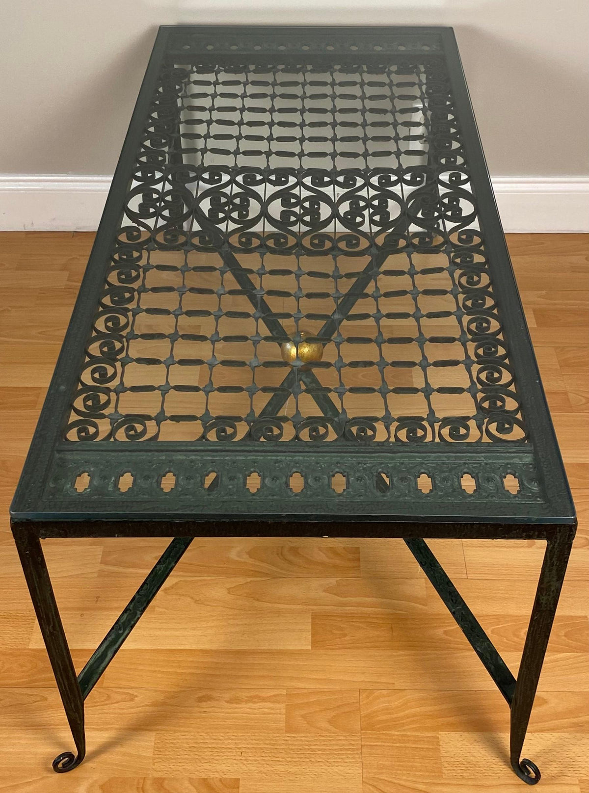 Decorative Wrought Iron Cocktail Coffee Table, Architectural Element Glass Top — detail 2
