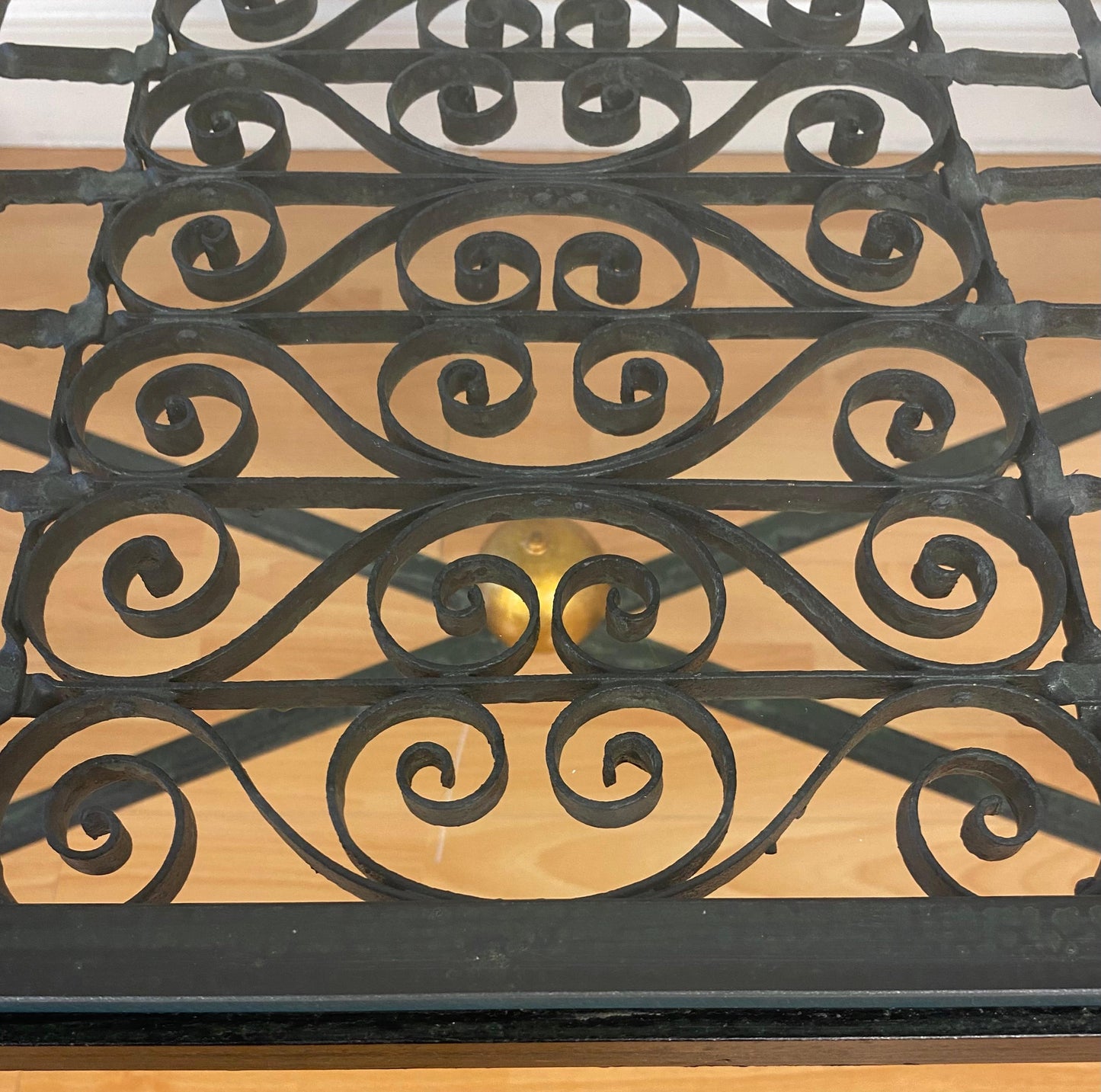 Decorative Wrought Iron Cocktail Coffee Table, Architectural Element Glass Top — detail 3